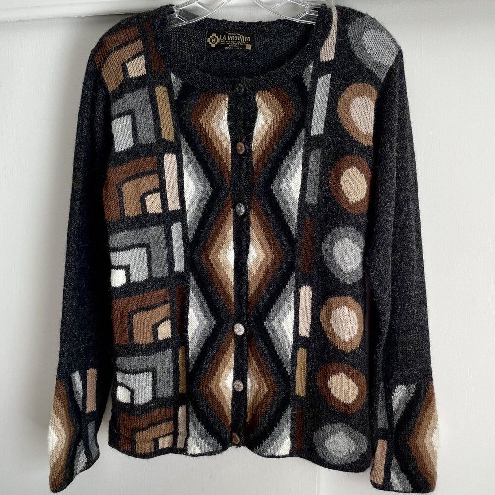 La Vicunita Peruvian Baby Alpaca Cardigan Sweater Size M Gray Multi Aztec Geo